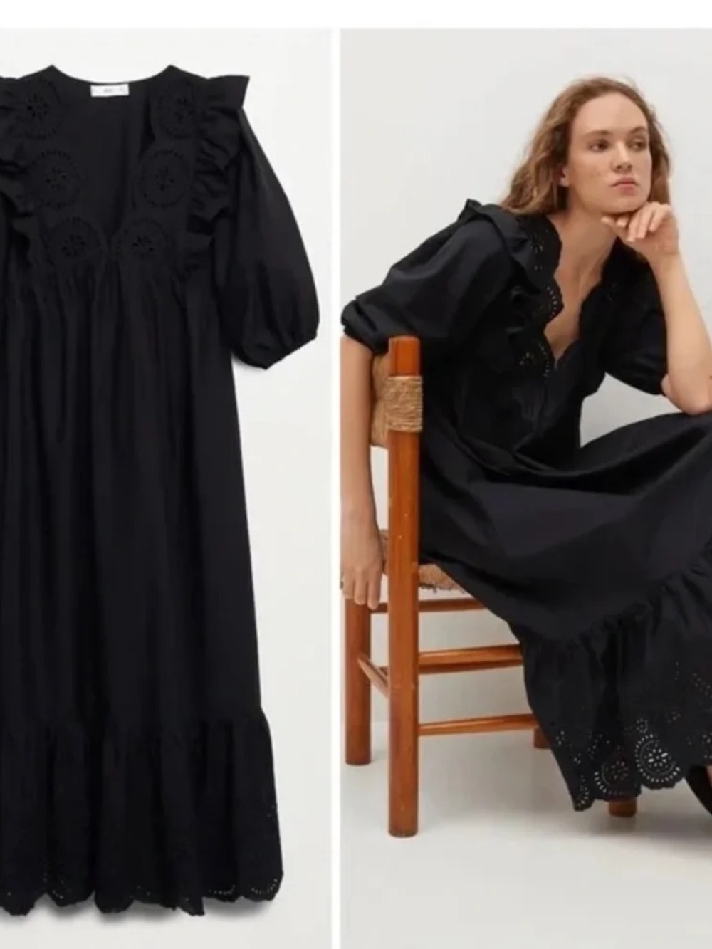 Mango Black Eyelet Ruffle Maxi Dress